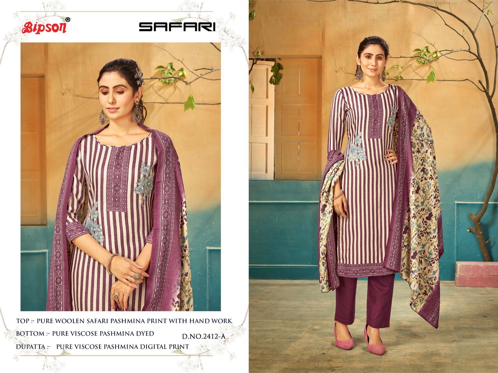 Bipson Safari 2412 Printed Wool Pashmina Dress Material Catalog
